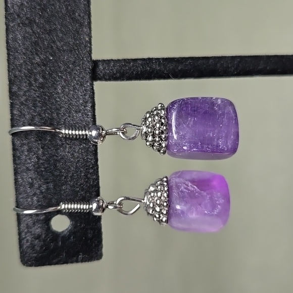 Vintange Handmade Silver Tone Purple Amethyst Dangle Earrings - Picture 14 of 16